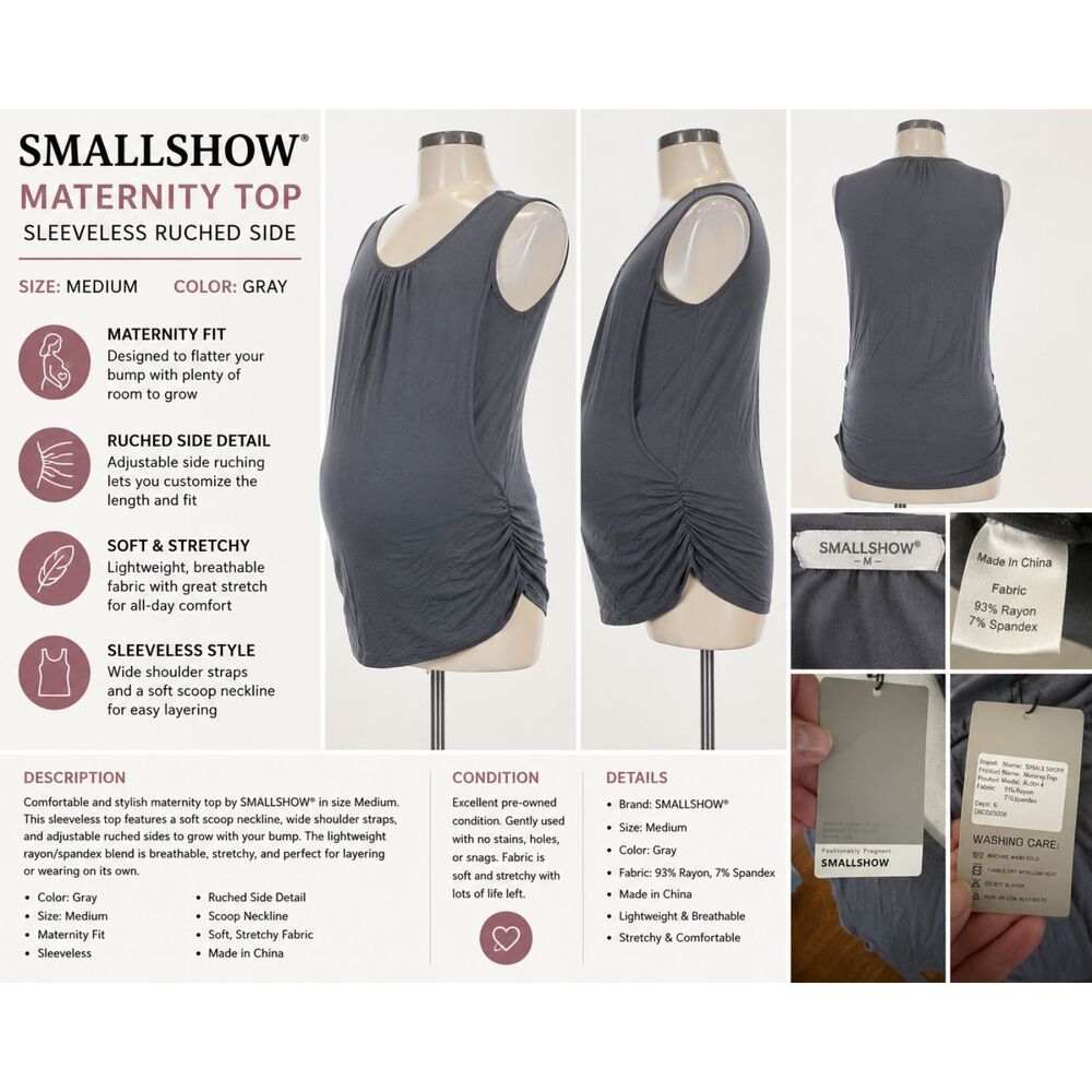 SMALLSHOW Gray Ruched Side Maternity Tank Top | Women's Size Medium